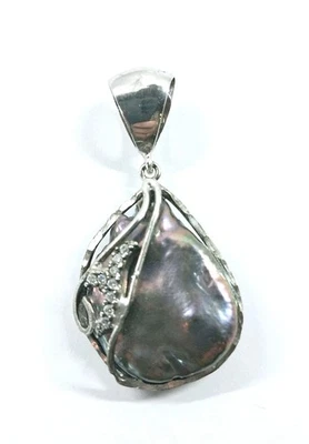 CIONDOLO PENDENTE ARGENTO 925 RODIATO CON PERLA GRIGIA A GOCCIA ZIRCONIA CUBICA  - Immagine 1 di 4