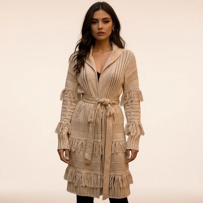 Cárdigan largo con cinturón rosa polvoriento boho flecos occidentales CHELSEA & VIOLET talla S Foto 1 de 4