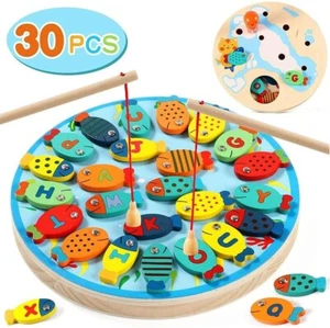 Wooden Game 2 In 1 Fishing Game 30 PCS Magnetic Alphabet Letters Educational - Picture 1 of 4