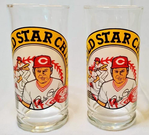 Cincinnati Reds Baseball Pete Rose Gold Star Chili Drinking Glasses Set of 2 Cover