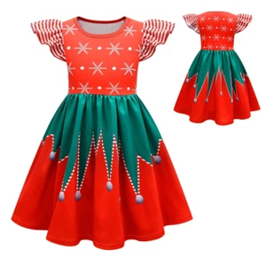 Girls Ugly Christmas Cartoon Dress Flutter Sleeve Ruffle Casual Dress 3-4t - Bild 1 von 1
