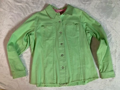 Quacker Factory Denim Jacket Womens M Lime Green Pink Rhinestone Buttons - Image 1 of 4