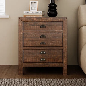 Rustic Farmhouse Style Three-Drawer Solid Pine Wood Nightstand w/Cup Pulls - Picture 1 of 15