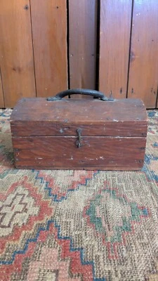 Antique Early Primitive Country Wood Dometop Document Box Leather Handle 10" - Image 1 of 4