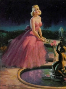 Frahm, Pin-Up, Blond Lady, Fountain, Bench, Roses 7.75"x5.75" Sample Print 1950s - Picture 1 of 4