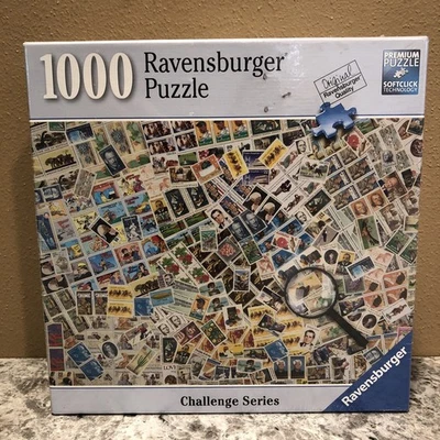 Challenge Series Stamp Collection 1000 piece jigsaw puzzle by Ravensburger. New - Image 1 of 4