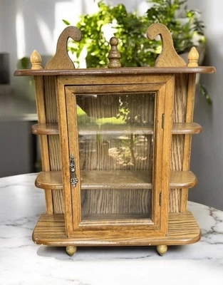 VTG Wood Curio Cabinet Glass Door Shelves Footed 17” Wall Hanging Or Tabletop - Image 1 of 4