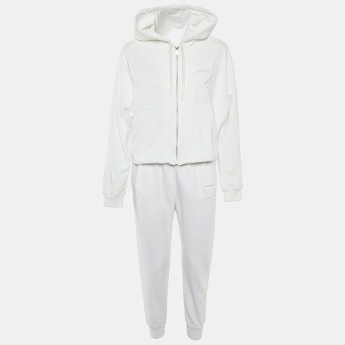 Set giacca e pantaloni da pista Prada in maglia di cotone bianco con cappuccio XL