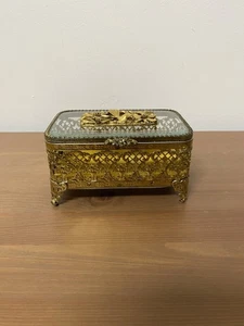 Beveled Glass Ormolu Jewelry Casket with Flowers and Bird - Picture 1 of 5