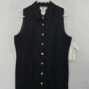 VTG PLAZA SOUTH Linen Rayon Shirt Dress 12 Petite Button Front Black Swiss Dot - Picture 1 of 14