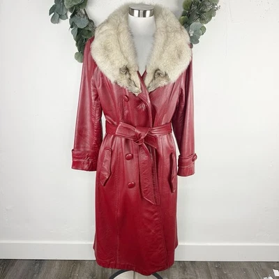 复古 70 年代皮革外套夹克 M L 皮革红色腰带狐狸毛皮双胸 Midi — 第 1/4 张图片