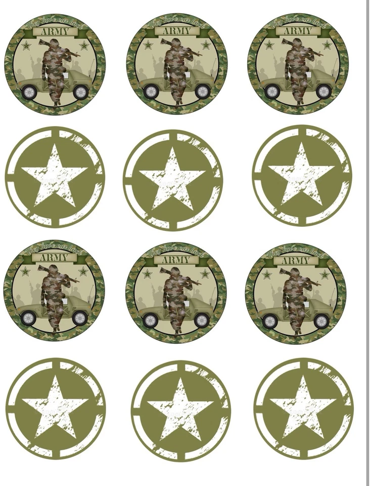 12 imágenes comestibles del ejército Cupcake Topper hoja glaseado ejército cumpleaños ejército pastel Foto 1 de 1