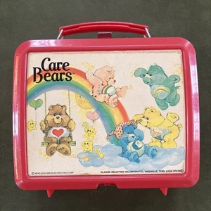 Vintage 80s Aladdin Care Bears Red Plastic Lunch Box with Top Handle No Thermos - Picture 1 of 16