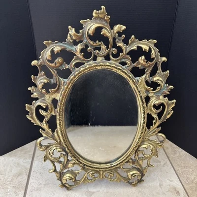 Caballete de espejo ovalado de metal de latón vintage marco trasero victoriano eduardiano  Foto 1 de 4