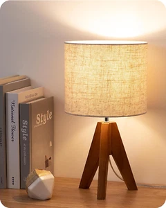 Tripod Table Lamp, Small Cute Bedside Lamp with Linen Beige Lampshade, Nightstan - Picture 1 of 8