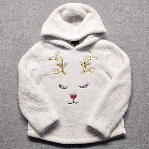 Takara Girls Hoodie Youth M White Sherpa Fleece Pullover Reindeer Christmas - Picture 1 of 16