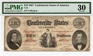 T-26 PF-21 $10 Confederate Paper Money 1861 - PMG Very Fine 30 - Picture 1 of 2