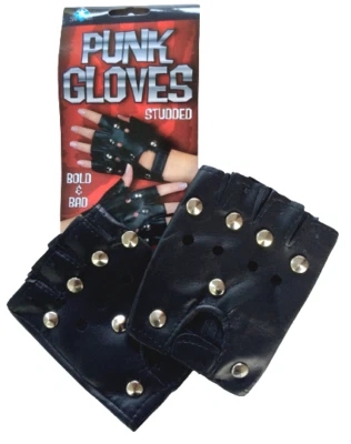 2 BLACK SILVER STUDDED PUNK HALF GLOVES Biker Heavy Metal Rocker Costume Stud - Image 1 of 4