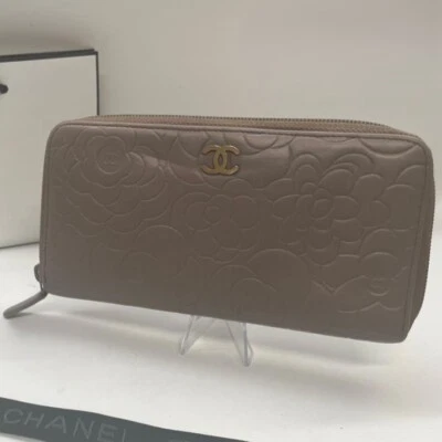 CHANEL Camellia Long Wallet Zip Around Leather Greige Ladies from Japan - Image 1 of 4