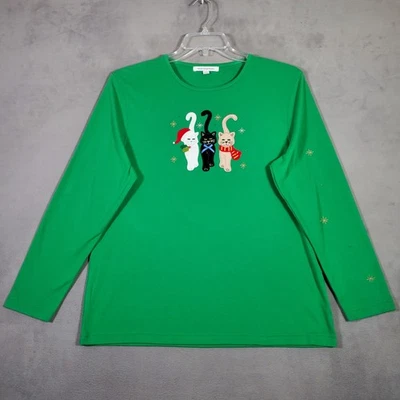 Mercer Street Studio Chrismas Cats TShirt Womens XL Green Embroidery Long Sleeve - Image 1 of 4