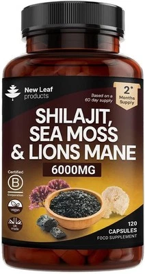 NEW LEAF PRODUCTS Shilajit-Sea Moss &Lions Mane-6000mg High Strength-120 Vegan Caps-2 day delivery