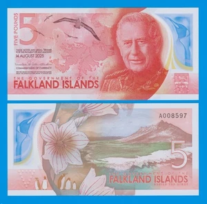 NEW 2025! Falkland Islands 5 Pounds P 20 NEW 2025 King Charles Polymer note UNC - Picture 1 of 1