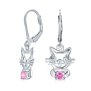 Small Kitty CZ Accent Dangle Chandelier Earrings Pink Blue Cat Studs Silver - Picture 1 of 7