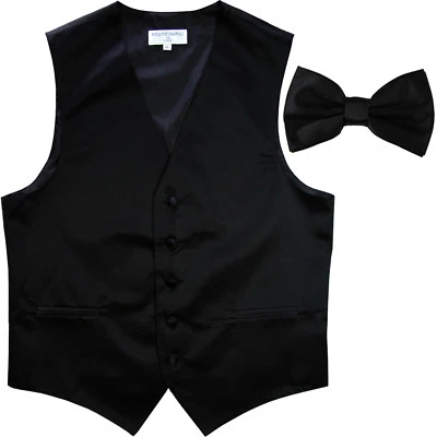 New Men's Formal Vest Tuxedo Waistcoat_pre tie bow tie solid slim fit black - Image 1 of 4
