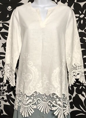 Bonita Blusa Túnica Usada en Excelente Condición Lino Blanco Etcetera Crochet Talla 6 Foto 1 de 3