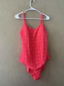 Catalina Coral Pink Crochet Mesh Net One Piece Swimsuit Swim Size XL 16 18 - Picture 1 of 11