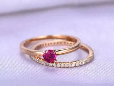 1.20Ct Round Cut Lab Created Pink Ruby Bridal Ring Set in 14K Rose Gold Plated - Image 1 of 4
