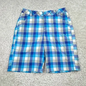 Puma Shorts Mens 28 Blue Plaid Active Golf Chino Performance Flat Front Wicking - Picture 1 of 8