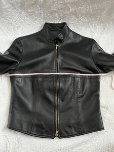 Black Leather Jacket scuba style mandarin collar Boston Proper size 6 - Picture 1 of 12