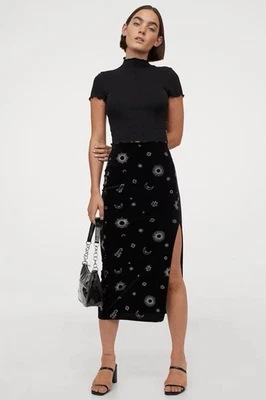 Divided By H&M XS Slit Front Velour Skirt Midi Zodiac Signs & Stars Moons - Image 1 of 4