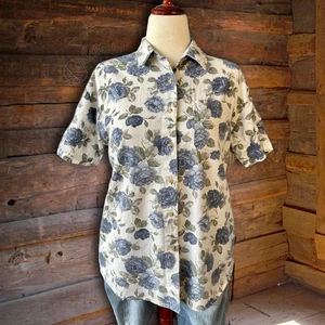 Vintage 90s Blue Rose Cottage Floral Print Linen Button Up Pocket Blouse Size M - Picture 1 of 13