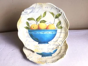 Lot Of 2 Shabby Chic Lemons French Country Scalloped Edge Melamine Dinner Plates - Picture 1 of 5