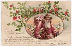 c1906 Weihnachtsmann mit Fell gefüttertem Gewand & Mütze, Weidensack antike Weihnachts Postkarte - Bild 1 von 2