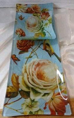 Plato de vidrio rectangular y cuenco de inmersión patrón floral por Lisa Audit Foto 1 de 4