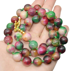 12mm Natural Multicolor Jade Round Gemstone Beads Necklace 14-100'' Heart Clasp - Picture 1 of 22