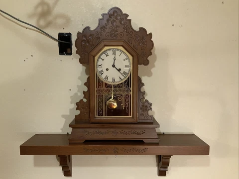 VINTAGE WIND UP WOOD TALL KITCHEN GINGERBREAD CLOCK W/ MATCHING WALL SHELF Cover