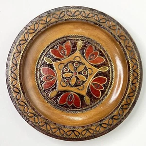 Vintage 6.5” Carved Wood Plate With Metal Inlay • Folk Art - Picture 1 of 2