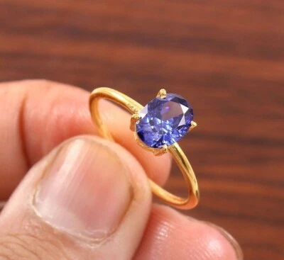 Anillo de zafiro azul de Ceilán genuino anillo de piedras preciosas ovalado regalo para su anillo de bodas Foto 1 de 4