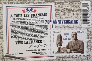 Briefmarke Frankreich 2010 Blatt F 4493 70. Jahrestag des Aufrufs vom 18. Juni 1940 - Bild 1 von 2