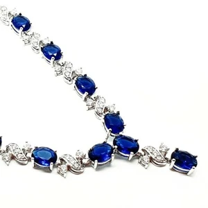White gold finish oval blue sapphire and created diamonds Necklace free post  - Picture 1 of 8