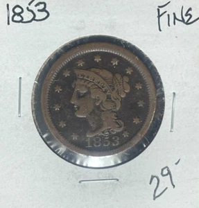 CENTAVO GRANDE CABELLO TRENZADO 1853 ~ FINO ~BONITA MONEDA~ - Imagen 1 de 2