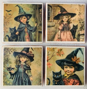 Tile Coasters 4 pc. set Halloween Themed Upcycled from Halloween Postcards - Picture 1 of 8