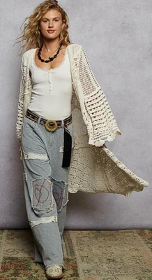 POL Openwork Chenille Long Cream Cardigan Large BOHO Fall/Winter 2025 NWT - Image 1 of 4