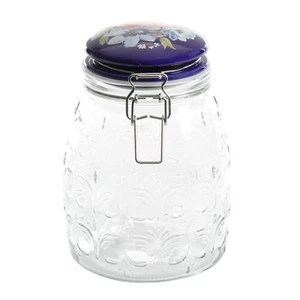 Pioneer Woman Clamp Jar Melody Red Blue Floral Ceramic Lid Embossed Clear Glass - Picture 1 of 4
