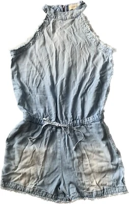 Cloth & Stone Light Blue Distressed Wash Fringe Detail Tencel Sleeveless Romper  - Image 1 of 4