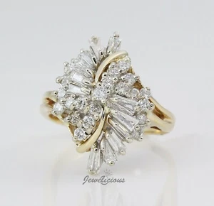 Estate 14K Yellow Gold Natural Diamonds Baguette Waterfall Cluster Ring - Picture 1 of 2